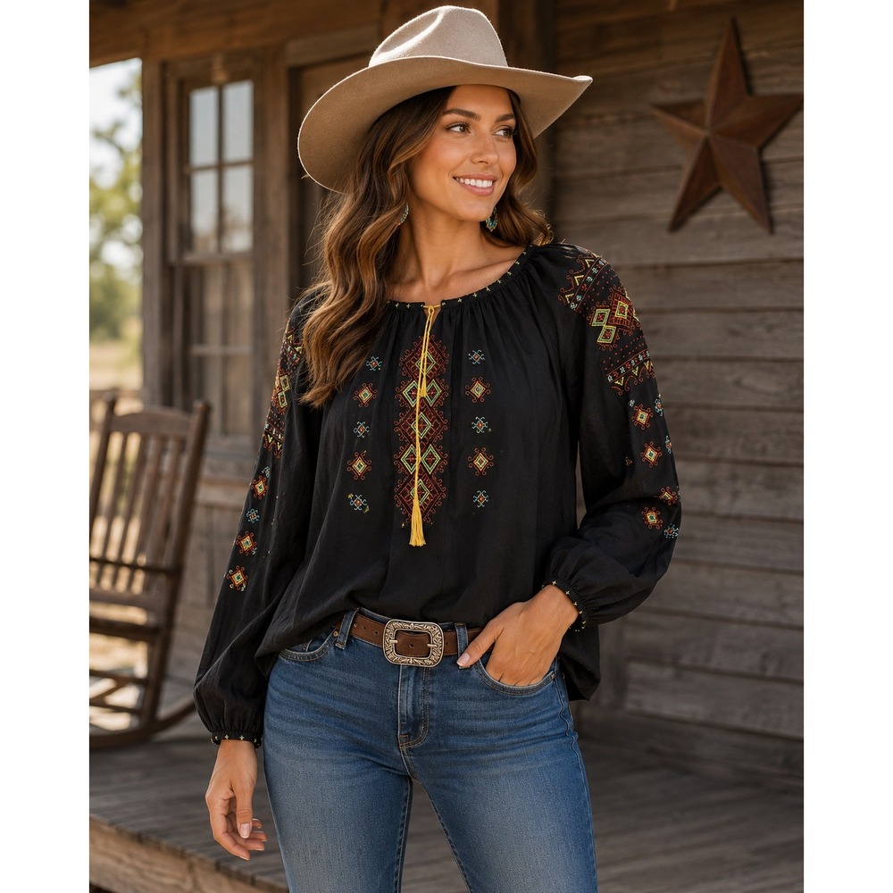 J Peterman Company Womens Black Embroidered Cotton Peasant Blouse Tassel L